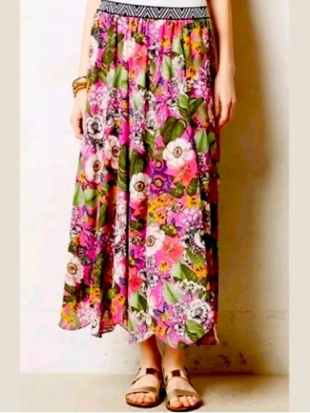 Maeve Pink Floral Maxi Skirt with Green Leaf Accents